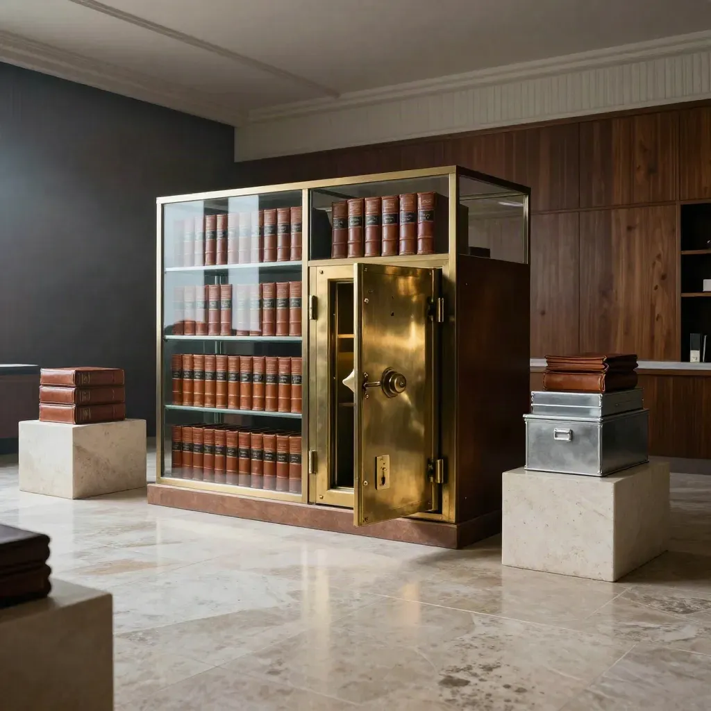 Dramatischer Beratungsraum mit Lederportfolios, Messingtresor und Glasvitrine im Morgenlicht.