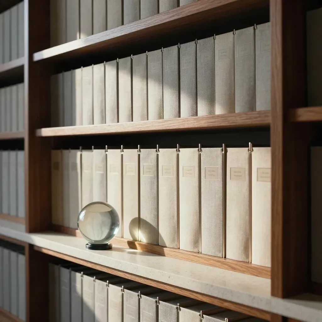 Offener Archivschrank mit Portfoliohüllen, Steinsims und Glaselementen in einem Hanseatenbüro.