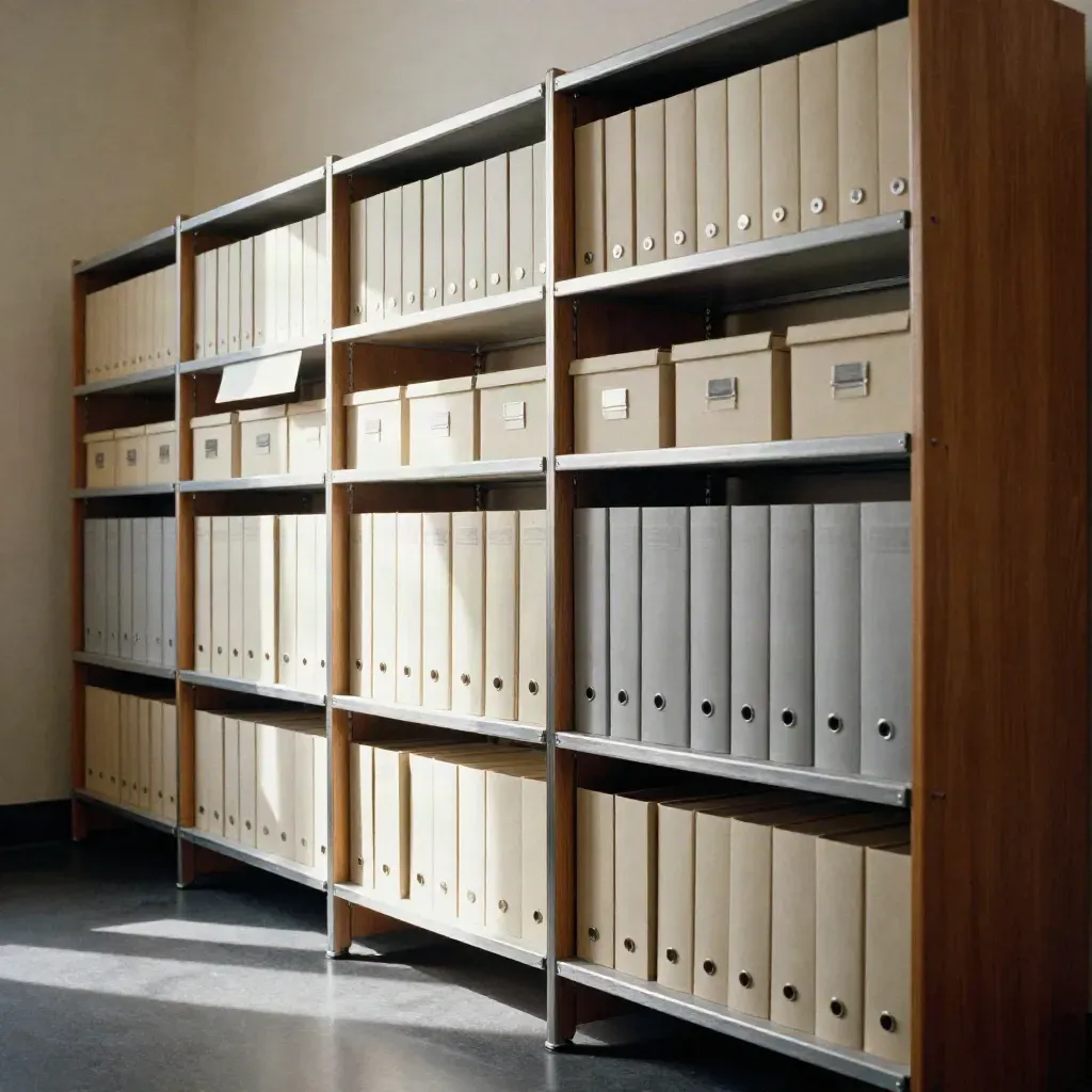 Reduzierte Archivregale mit geordneten Depotmappen und kleineren Boxen im warmen Finanzbüro.