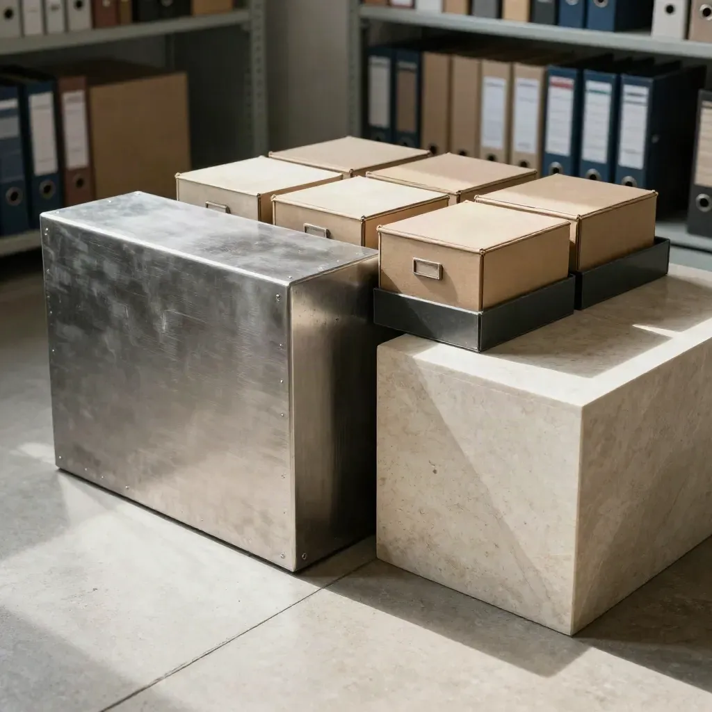 Archivraum mit getrennten Metall- und Steinblöcken auf hellem Beton, feiner Staub im Licht.