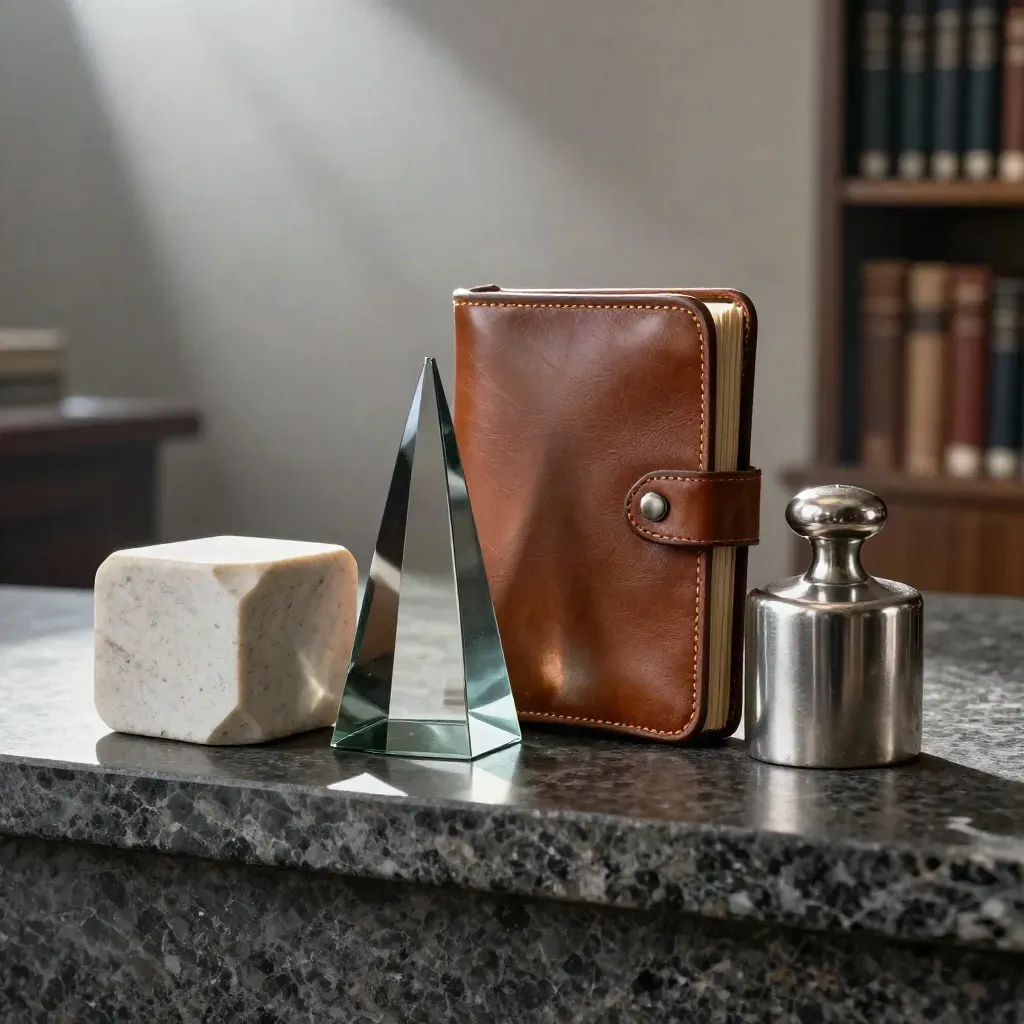 Vier edle Anlageobjekte aus Stein, Glas, Leder und Metall in dramatischem Licht.