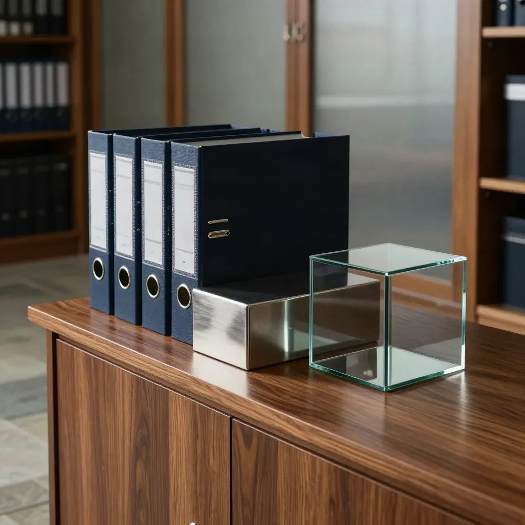 Dramatisches Stillleben mit Portfolio-Boxen, Stahlblock und Glaskubus im Vermögensarchiv.
