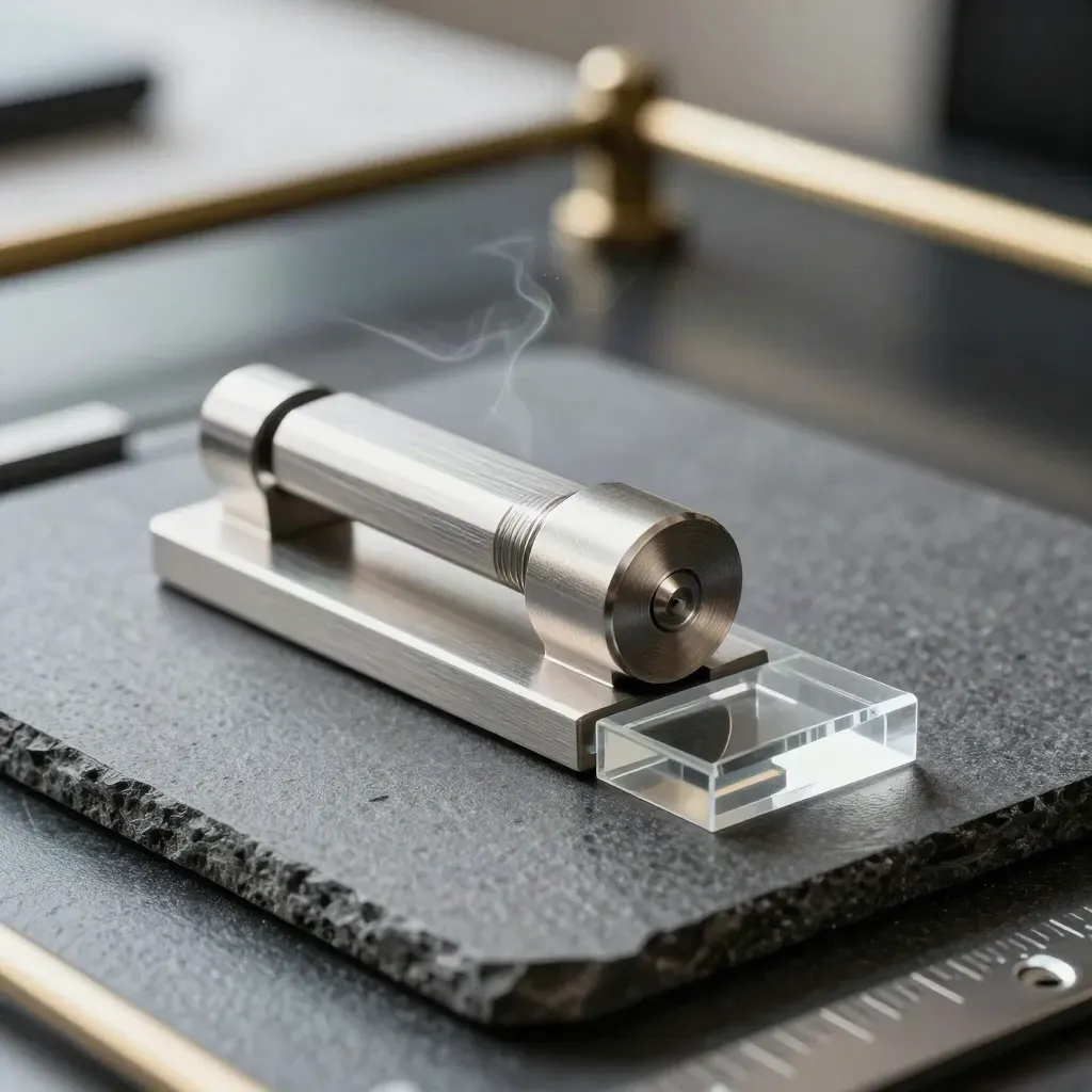 Metallgewichte, Graphitplatte und Acrylkeil in einer präzisen Makroaufnahme.