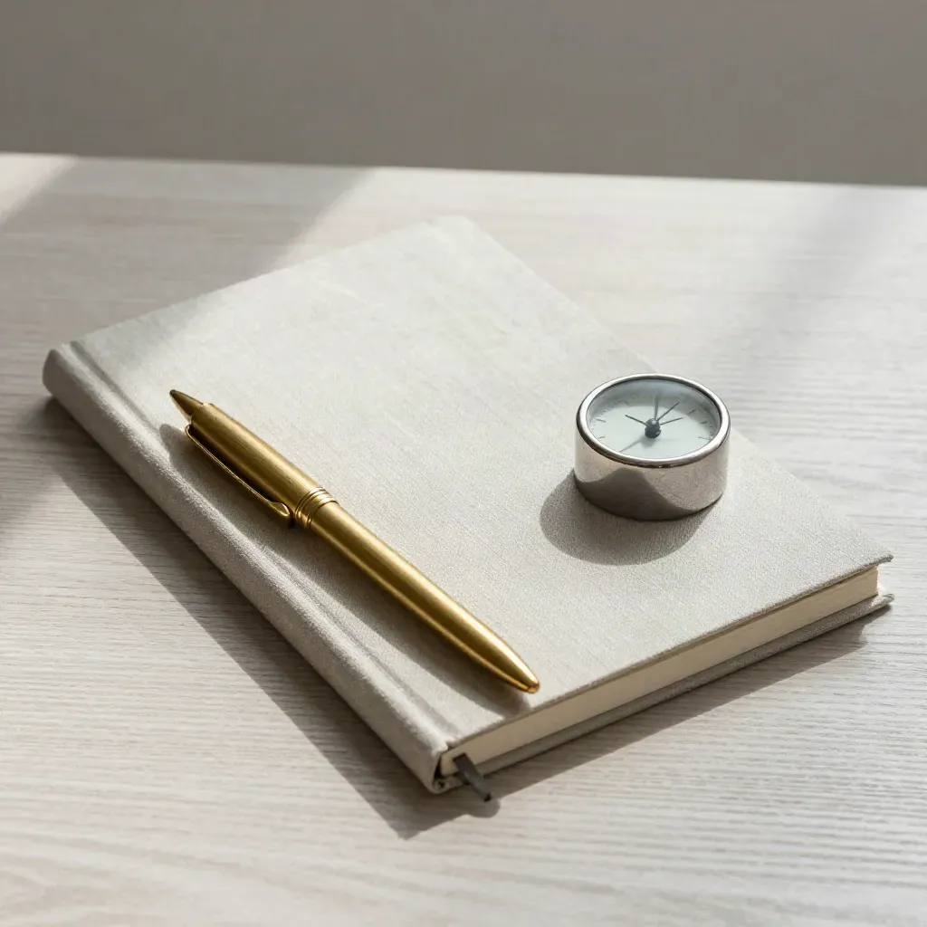 Notizbuch, Messingstift, Metalluhr und Steinbeschwerer auf hellem Holz