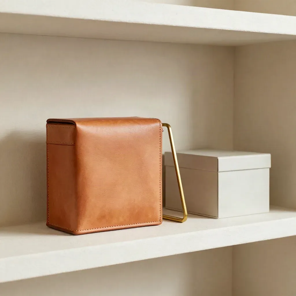 Lebercase, Messingwinkel und verschlossene Box im hellen Regalfach mit weichem Seitenlicht.