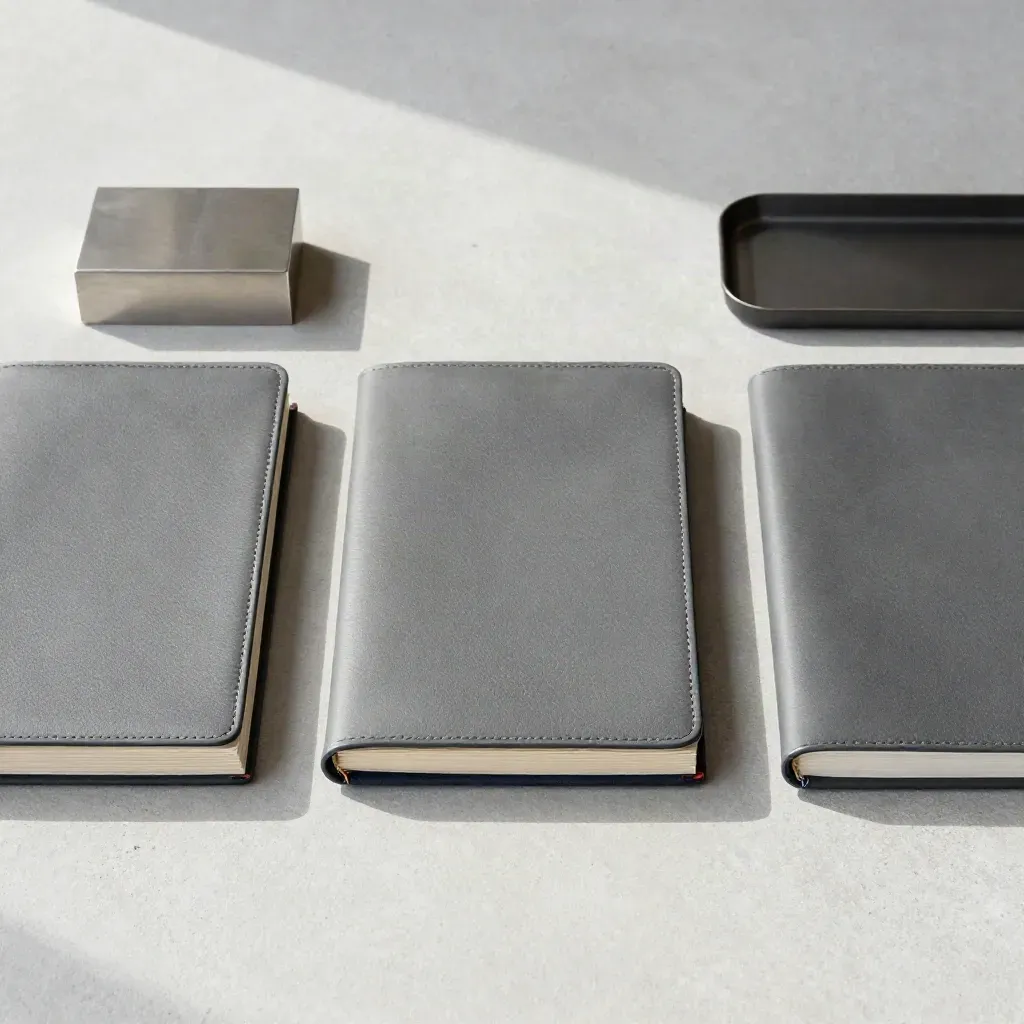 Drei geschlossene Portfolio-Hüllen, Stahlblock und dunkle Schale auf hellem Beton, von oben.