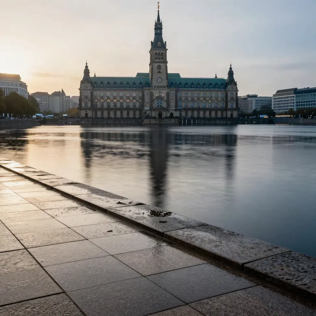 Hamburgs Rathaus über ruhigem Alsterwasser und nassem Stein im Abendlicht.