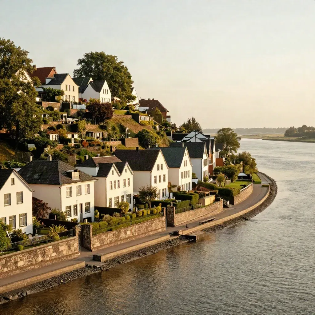 Blankenese im goldenen Abendlicht über der Elbe, mit ruhigem Wasser und sanftem Dunst.