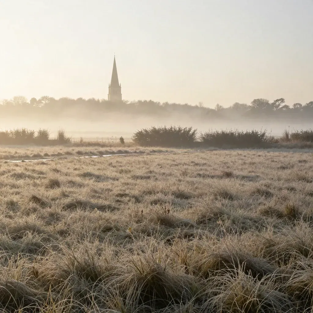 Morgendliche Marschlandschaft bei Hamburg mit Kirchturm im Nebel